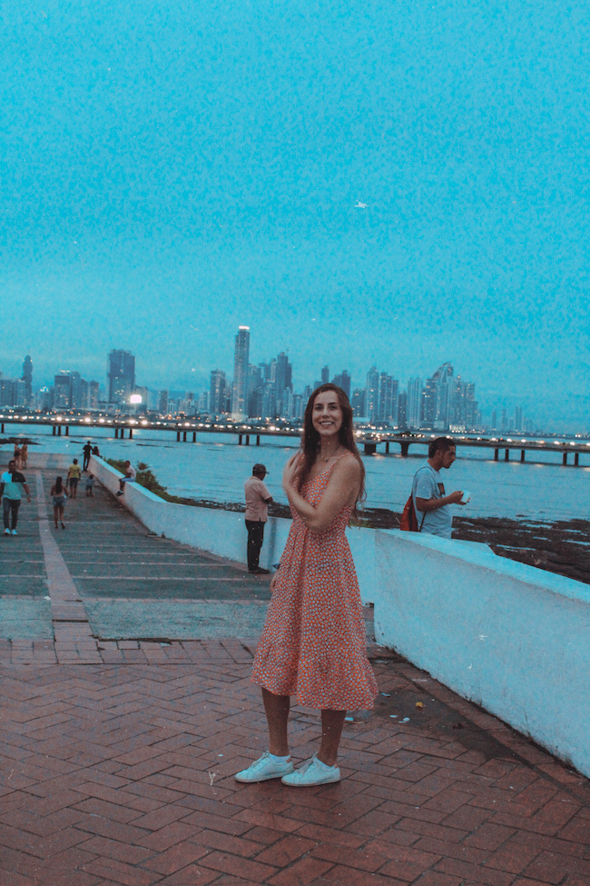 Travel blogger enjoying old Panama City at night 