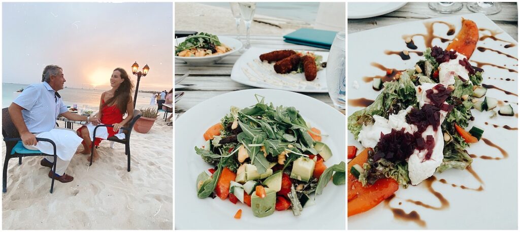 salads and healthy meal a couple eats on the beach